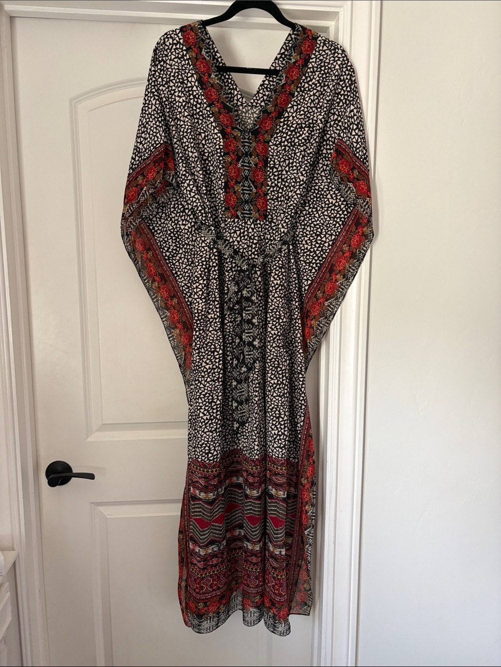 Ranna Gill Black White Caftan Maxi Dress with Red Floral Accents